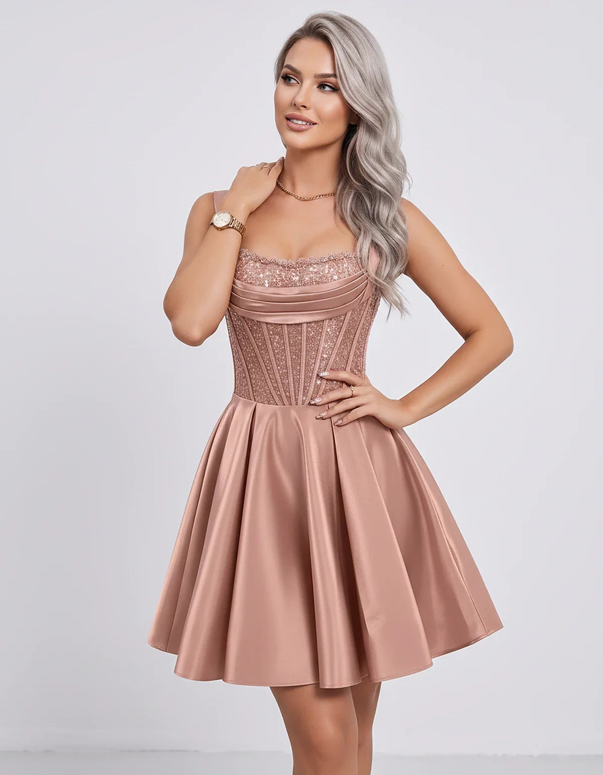 Satin & Sequined Lace Sleeveless Square Neck A-Line Mini Dress for Party, Cocktail, Evening, Summer & Wedding Guest Events, f | SKU: LM-582914706381524-DUSTYROSE-L,LM-582914706381524-DUSTYROSE-M,LM-582914706381524-DUSTYROSE-S,LM-582914706381524-DUSTYROSE-XL,LM-582914706381524-DUSTYROSE-XS