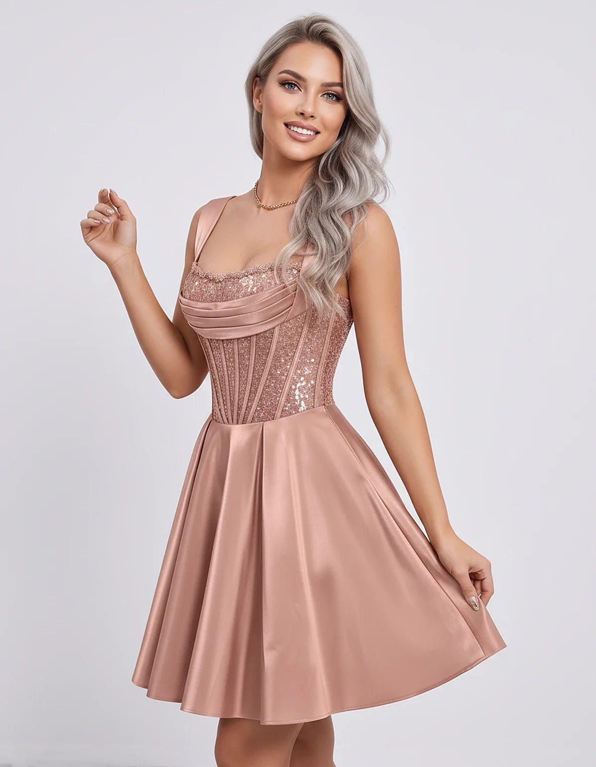 Satin & Sequined Lace Sleeveless Square Neck A-Line Mini Dress for Party, Cocktail, Evening, Summer & Wedding Guest Events, f | SKU: LM-582914706381524-DUSTYROSE-L,LM-582914706381524-DUSTYROSE-M,LM-582914706381524-DUSTYROSE-S,LM-582914706381524-DUSTYROSE-XL,LM-582914706381524-DUSTYROSE-XS