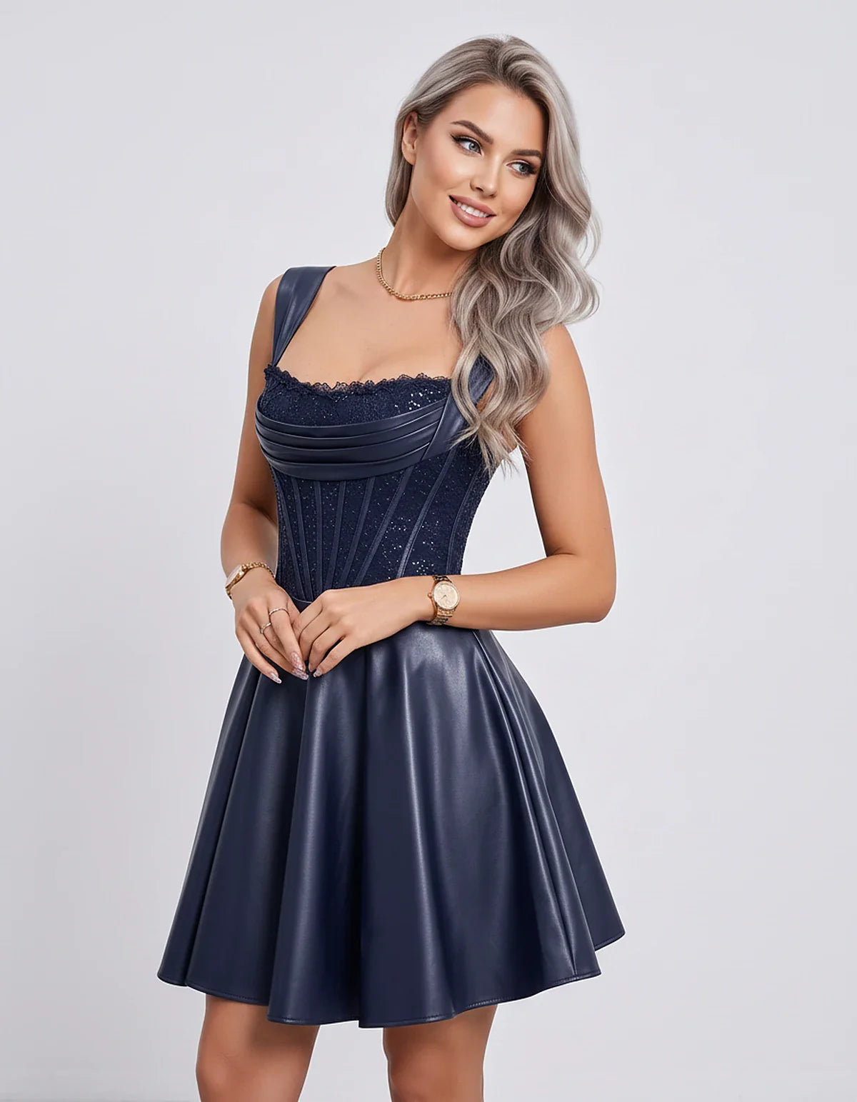 Satin & Sequined Lace Sleeveless Square Neck A-Line Mini Dress for Party, Cocktail, Evening, Summer & Wedding Guest Events, f | SKU: LM-582914706381524-NAVY-L,LM-582914706381524-NAVY-M,LM-582914706381524-NAVY-S,LM-582914706381524-NAVY-XL,LM-582914706381524-NAVY-XS