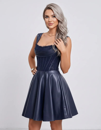 Satin & Sequined Lace Sleeveless Square Neck A-Line Mini Dress for Party, Cocktail, Evening, Summer & Wedding Guest Events, f | SKU: LM-582914706381524-NAVY-L,LM-582914706381524-NAVY-M,LM-582914706381524-NAVY-S,LM-582914706381524-NAVY-XL,LM-582914706381524-NAVY-XS