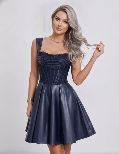 Satin & Sequined Lace Sleeveless Square Neck A-Line Mini Dress for Party, Cocktail, Evening, Summer & Wedding Guest Events, f | SKU: LM-582914706381524-NAVY-L,LM-582914706381524-NAVY-M,LM-582914706381524-NAVY-S,LM-582914706381524-NAVY-XL,LM-582914706381524-NAVY-XS