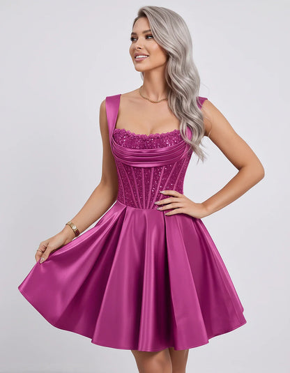 Satin & Sequined Lace Sleeveless Square Neck A-Line Mini Dress for Party, Cocktail, Evening, Summer & Wedding Guest Events, f | SKU: LM-582914706381524-FUCHSIA-L,LM-582914706381524-FUCHSIA-M,LM-582914706381524-FUCHSIA-S,LM-582914706381524-FUCHSIA-XL,LM-582914706381524-FUCHSIA-XS