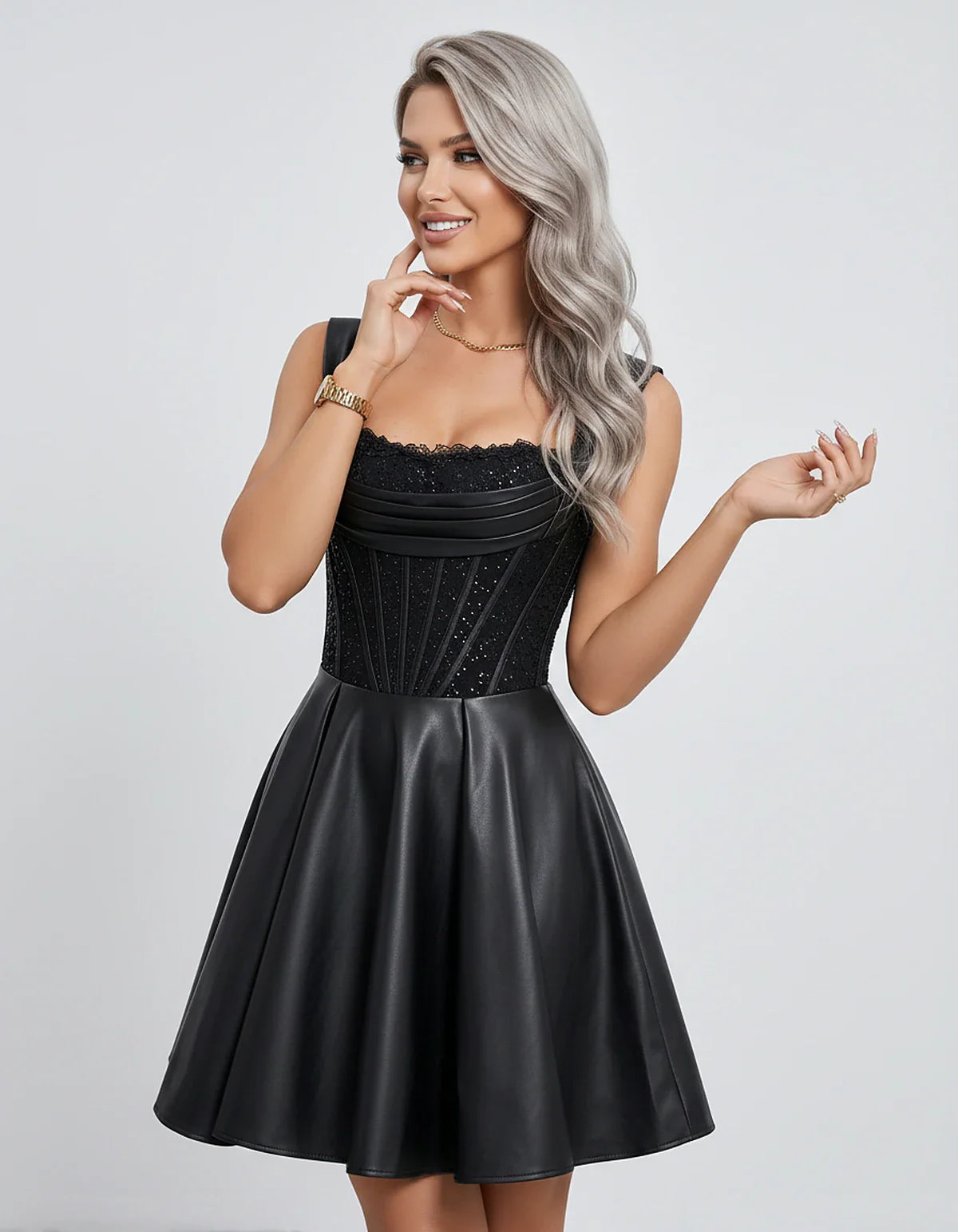 Satin & Sequined Lace Sleeveless Square Neck A-Line Mini Dress for Party, Cocktail, Evening, Summer & Wedding Guest Events, f | SKU: LM-582914706381524-BLACK-L,LM-582914706381524-BLACK-M,LM-582914706381524-BLACK-S,LM-582914706381524-BLACK-XL,LM-582914706381524-BLACK-XS