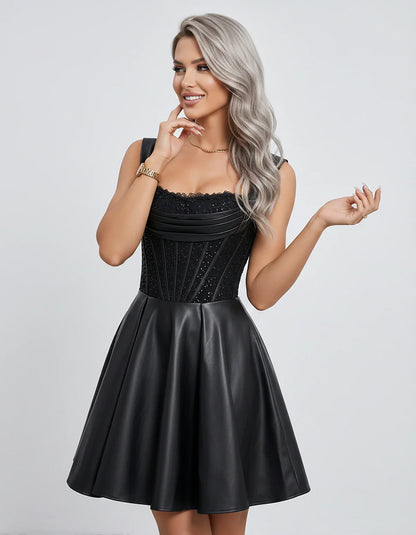 Satin & Sequined Lace Sleeveless Square Neck A-Line Mini Dress for Party, Cocktail, Evening, Summer & Wedding Guest Events, f | SKU: LM-582914706381524-BLACK-L,LM-582914706381524-BLACK-M,LM-582914706381524-BLACK-S,LM-582914706381524-BLACK-XL,LM-582914706381524-BLACK-XS