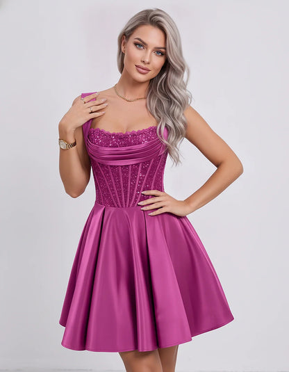 Satin & Sequined Lace Sleeveless Square Neck A-Line Mini Dress for Party, Cocktail, Evening, Summer & Wedding Guest Events, f | SKU: LM-582914706381524-FUCHSIA-L,LM-582914706381524-FUCHSIA-M,LM-582914706381524-FUCHSIA-S,LM-582914706381524-FUCHSIA-XL,LM-582914706381524-FUCHSIA-XS
