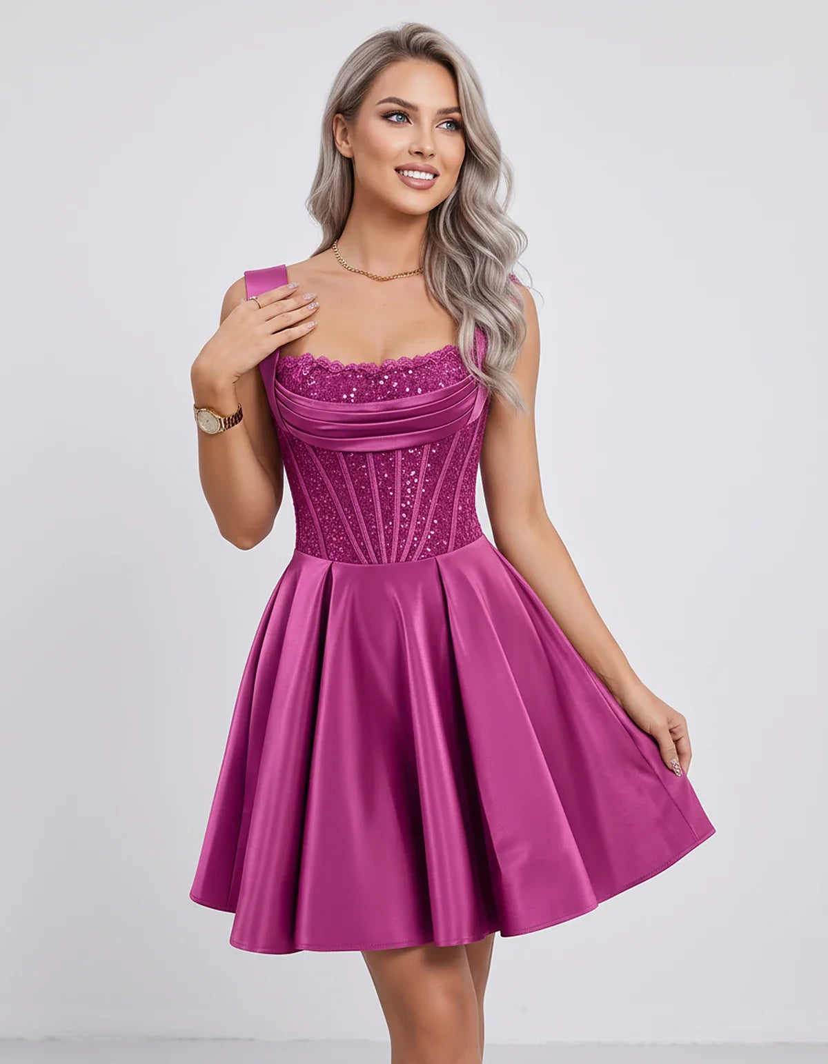 Satin & Sequined Lace Sleeveless Square Neck A-Line Mini Dress for Party, Cocktail, Evening, Summer & Wedding Guest Events, f | SKU: LM-582914706381524-FUCHSIA-L,LM-582914706381524-FUCHSIA-M,LM-582914706381524-FUCHSIA-S,LM-582914706381524-FUCHSIA-XL,LM-582914706381524-FUCHSIA-XS
