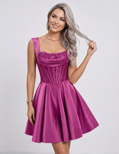 Satin & Sequined Lace Sleeveless Square Neck A-Line Mini Dress for Party, Cocktail, Evening, Summer & Wedding Guest Events, f | SKU: LM-582914706381524-FUCHSIA-L,LM-582914706381524-FUCHSIA-M,LM-582914706381524-FUCHSIA-S,LM-582914706381524-FUCHSIA-XL,LM-582914706381524-FUCHSIA-XS