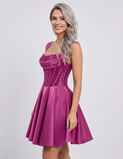Satin & Sequined Lace Sleeveless Square Neck A-Line Mini Dress for Party, Cocktail, Evening, Summer & Wedding Guest Events, s | SKU: LM-582914706381524-FUCHSIA-L,LM-582914706381524-FUCHSIA-M,LM-582914706381524-FUCHSIA-S,LM-582914706381524-FUCHSIA-XL,LM-582914706381524-FUCHSIA-XS