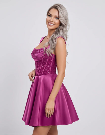 Satin & Sequined Lace Sleeveless Square Neck A-Line Mini Dress for Party, Cocktail, Evening, Summer & Wedding Guest Events, s | SKU: LM-582914706381524-FUCHSIA-L,LM-582914706381524-FUCHSIA-M,LM-582914706381524-FUCHSIA-S,LM-582914706381524-FUCHSIA-XL,LM-582914706381524-FUCHSIA-XS