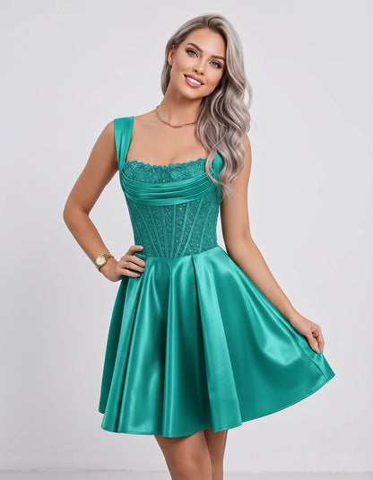 Satin & Sequined Lace Sleeveless Square Neck A-Line Mini Dress for Party, Cocktail, Evening, Summer & Wedding Guest Events, f | SKU: LM-582914706381524-TURQUOISE-L,LM-582914706381524-TURQUOISE-M,LM-582914706381524-TURQUOISE-S,LM-582914706381524-TURQUOISE-XL,LM-582914706381524-TURQUOISE-XS