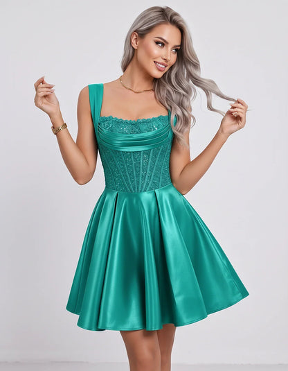 Satin & Sequined Lace Sleeveless Square Neck A-Line Mini Dress for Party, Cocktail, Evening, Summer & Wedding Guest Events, f | SKU: LM-582914706381524-TURQUOISE-L,LM-582914706381524-TURQUOISE-M,LM-582914706381524-TURQUOISE-S,LM-582914706381524-TURQUOISE-XL,LM-582914706381524-TURQUOISE-XS