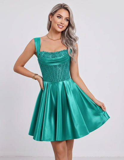Satin & Sequined Lace Sleeveless Square Neck A-Line Mini Dress for Party, Cocktail, Evening, Summer & Wedding Guest Events, f | SKU: LM-582914706381524-TURQUOISE-L,LM-582914706381524-TURQUOISE-M,LM-582914706381524-TURQUOISE-S,LM-582914706381524-TURQUOISE-XL,LM-582914706381524-TURQUOISE-XS