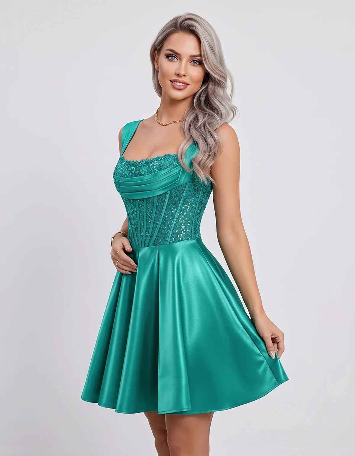 Satin & Sequined Lace Sleeveless Square Neck A-Line Mini Dress for Party, Cocktail, Evening, Summer & Wedding Guest Events, s | SKU: LM-582914706381524-TURQUOISE-L,LM-582914706381524-TURQUOISE-M,LM-582914706381524-TURQUOISE-S,LM-582914706381524-TURQUOISE-XL,LM-582914706381524-TURQUOISE-XS