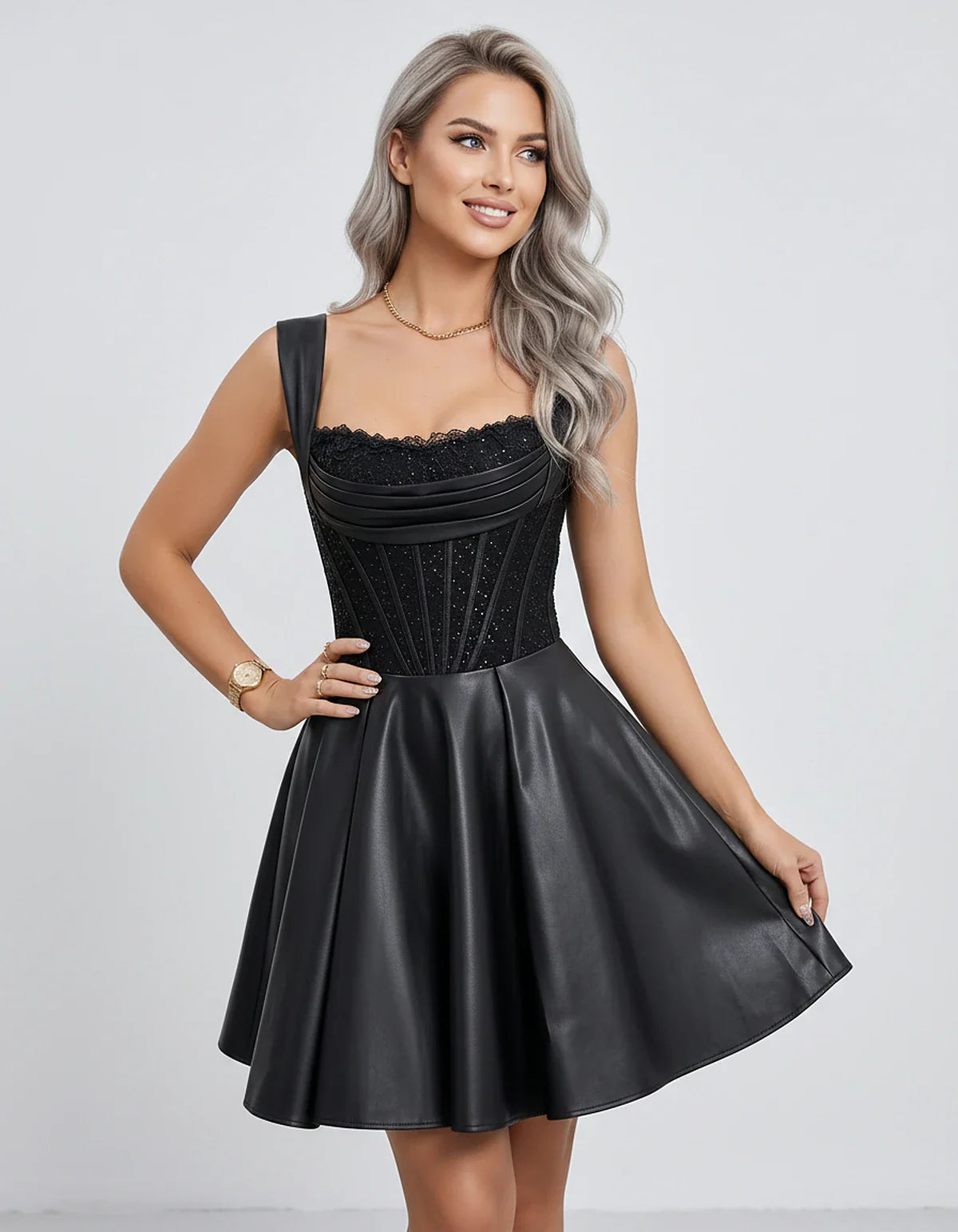 Satin & Sequined Lace Sleeveless Square Neck A-Line Mini Dress for Party, Cocktail, Evening, Summer & Wedding Guest Events, f | SKU: LM-582914706381524-BLACK-L,LM-582914706381524-BLACK-M,LM-582914706381524-BLACK-S,LM-582914706381524-BLACK-XL,LM-582914706381524-BLACK-XS