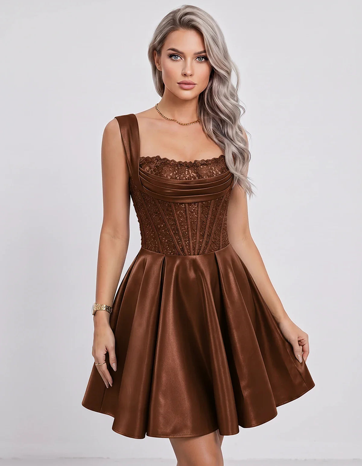 Satin & Sequined Lace Sleeveless Square Neck A-Line Mini Dress for Party, Cocktail, Evening, Summer & Wedding Guest Events in