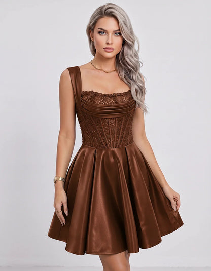 Satin & Sequined Lace Sleeveless Square Neck A-Line Mini Dress for Party, Cocktail, Evening, Summer & Wedding Guest Events in