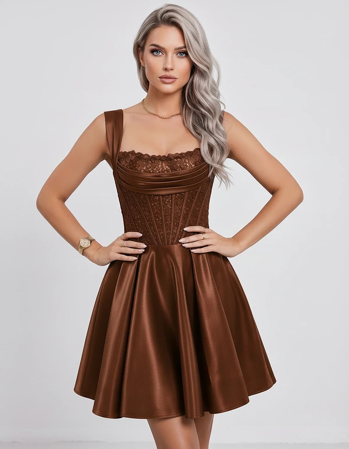 Satin & Sequined Lace Sleeveless Square Neck A-Line Mini Dress for Party, Cocktail, Evening, Summer & Wedding Guest Events, f | SKU: LM-582914706381524-BROWN-L,LM-582914706381524-BROWN-M,LM-582914706381524-BROWN-S,LM-582914706381524-BROWN-XL,LM-582914706381524-BROWN-XS