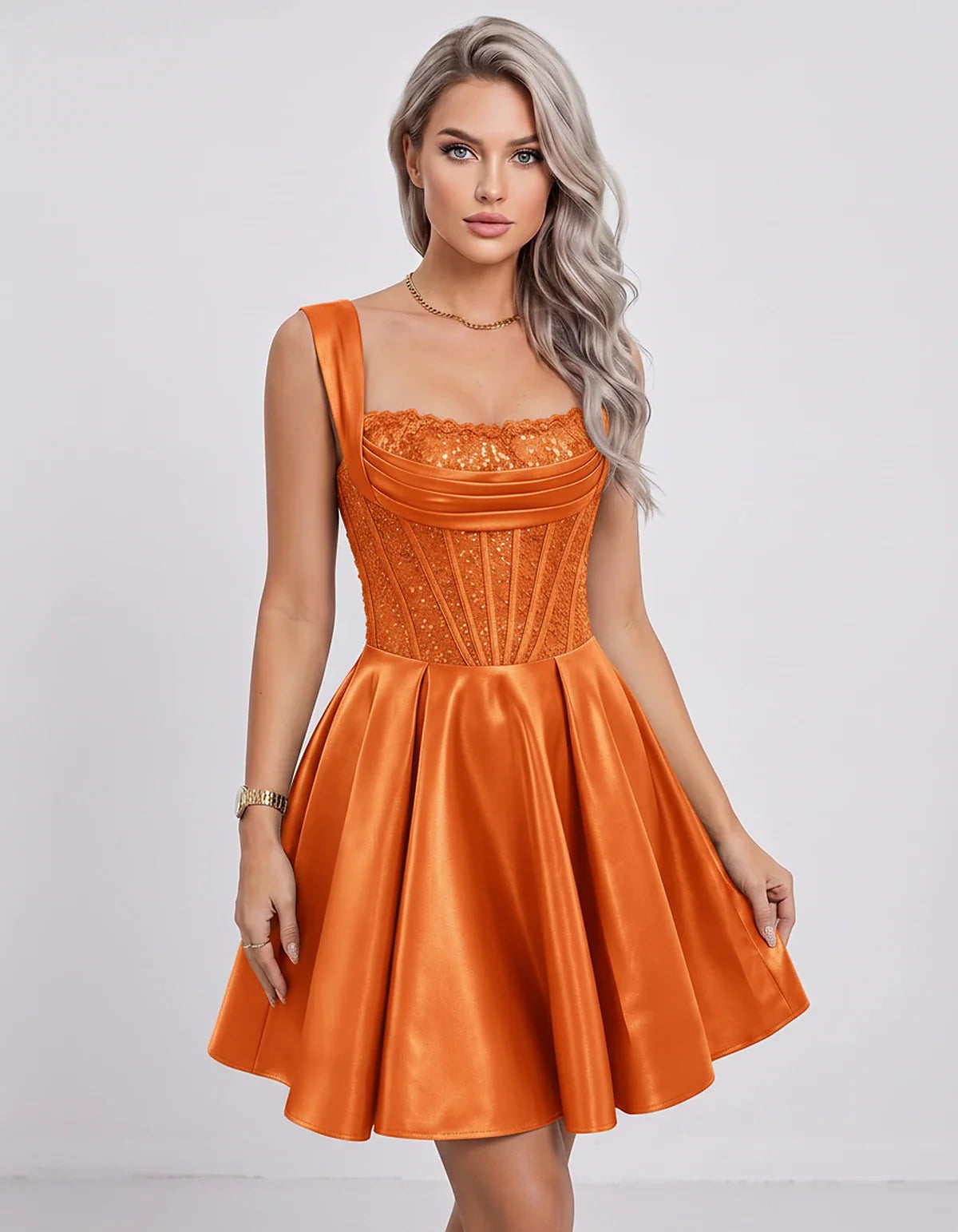 Satin & Sequined Lace Sleeveless Square Neck A-Line Mini Dress for Party, Cocktail, Evening, Summer & Wedding Guest Events in