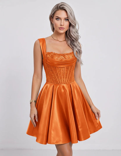 Satin & Sequined Lace Sleeveless Square Neck A-Line Mini Dress for Party, Cocktail, Evening, Summer & Wedding Guest Events in