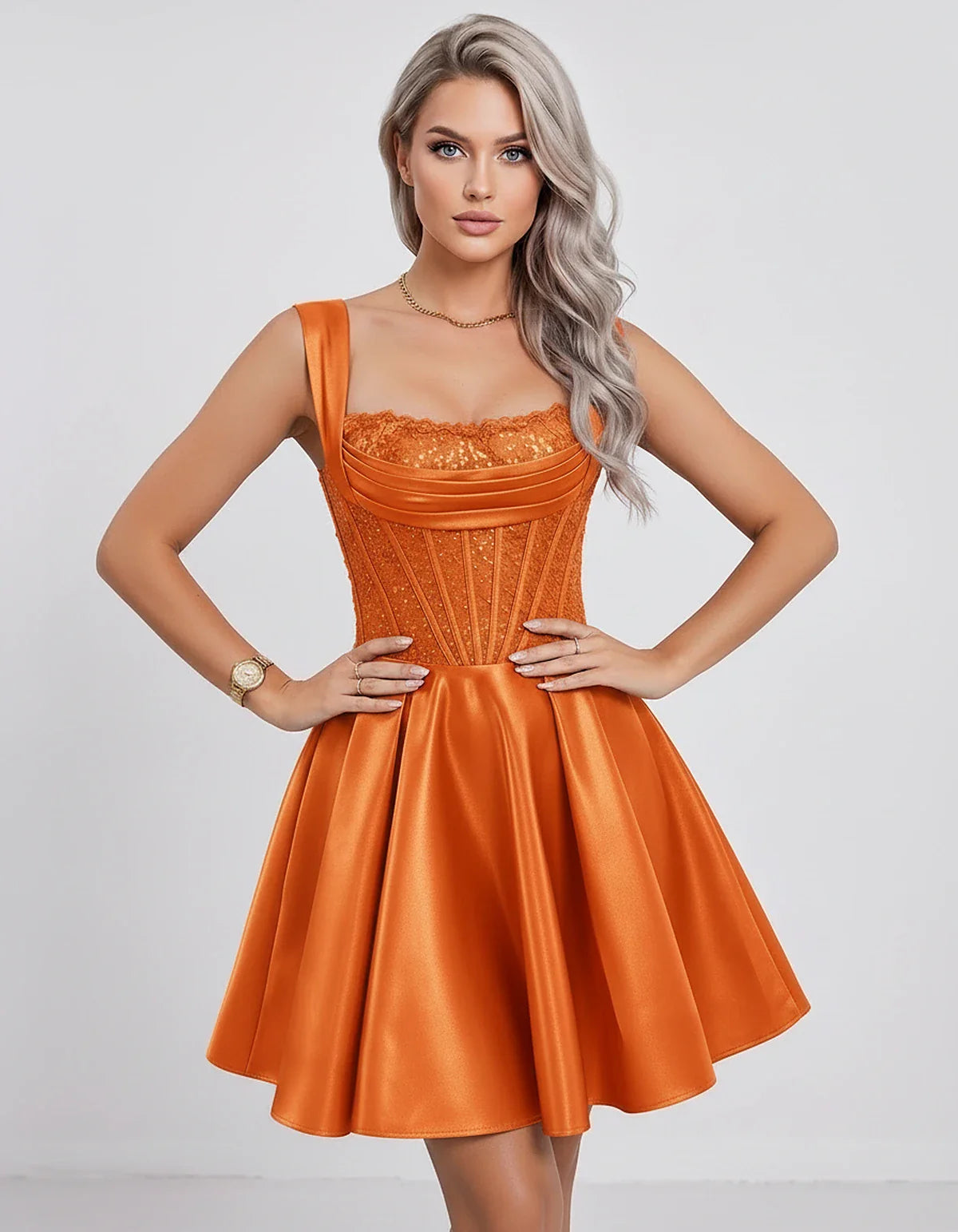 Satin & Sequined Lace Sleeveless Square Neck A-Line Mini Dress for Party, Cocktail, Evening, Summer & Wedding Guest Events, f | SKU: LM-582914706381524-ORANGE-L,LM-582914706381524-ORANGE-M,LM-582914706381524-ORANGE-S,LM-582914706381524-ORANGE-XL,LM-582914706381524-ORANGE-XS