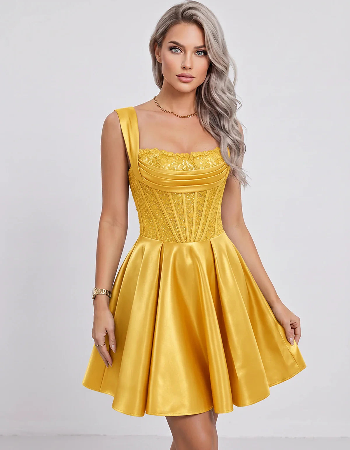 Satin & Sequined Lace Sleeveless Square Neck A-Line Mini Dress for Party, Cocktail, Evening, Summer & Wedding Guest Events in