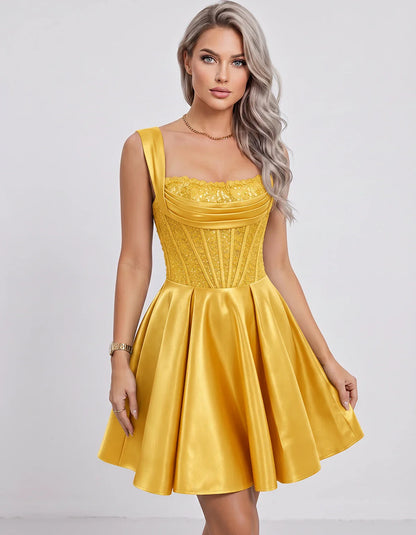Satin & Sequined Lace Sleeveless Square Neck A-Line Mini Dress for Party, Cocktail, Evening, Summer & Wedding Guest Events in
