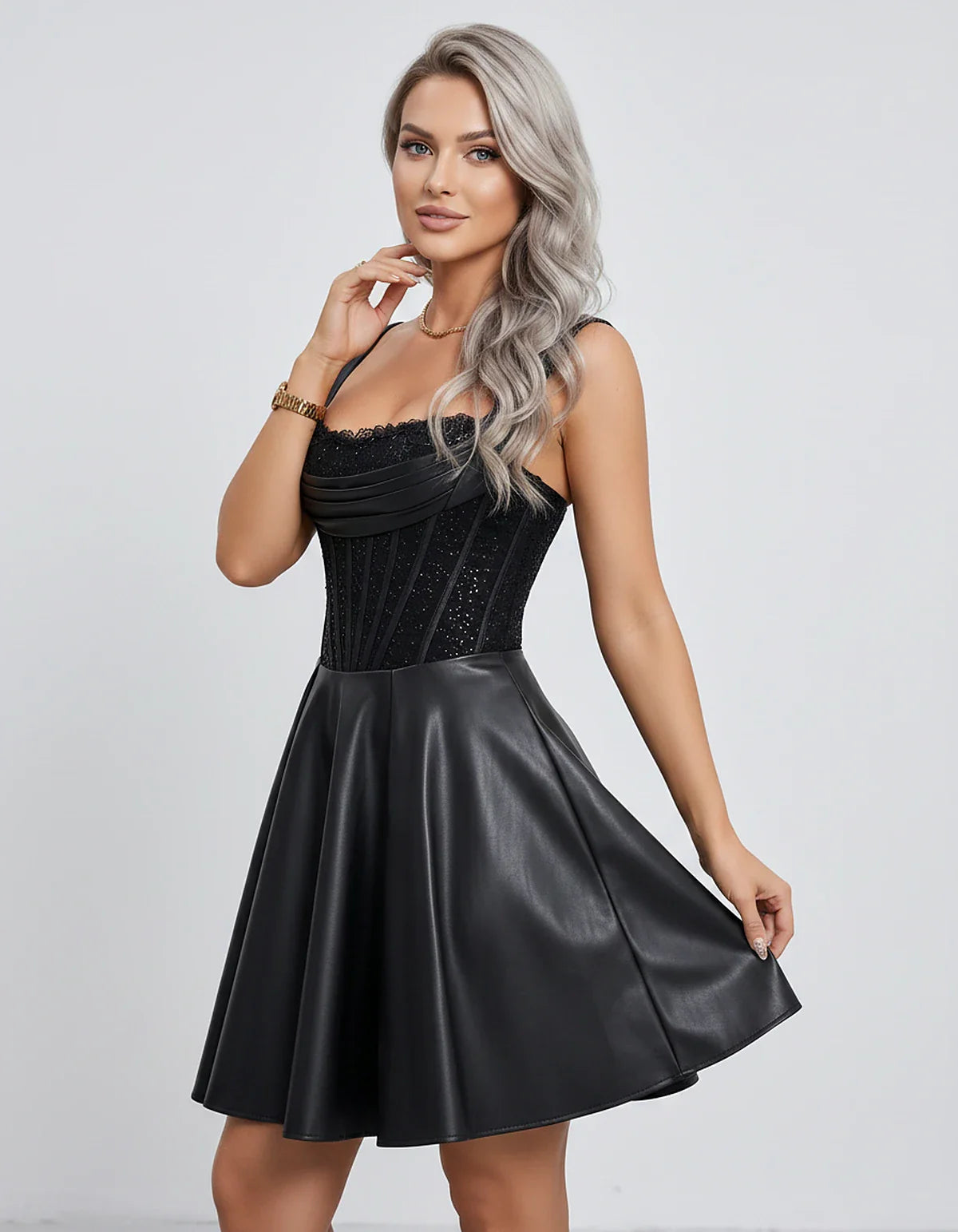 Satin & Sequined Lace Sleeveless Square Neck A-Line Mini Dress for Party, Cocktail, Evening, Summer & Wedding Guest Events, s | SKU: LM-582914706381524-BLACK-L,LM-582914706381524-BLACK-M,LM-582914706381524-BLACK-S,LM-582914706381524-BLACK-XL,LM-582914706381524-BLACK-XS