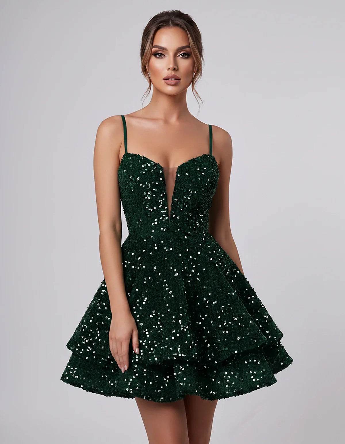 Sequin Sleeveless Sweetheart Plunge Fit-and-Flare Mini Dress for Graduation, Homecoming, Party, Cocktail, Evening, Wedding Gu | SKU: LM-384716295108437-GREEN-L,LM-384716295108437-GREEN-M,LM-384716295108437-GREEN-S,LM-384716295108437-GREEN-XL,LM-384716295108437-GREEN-XS