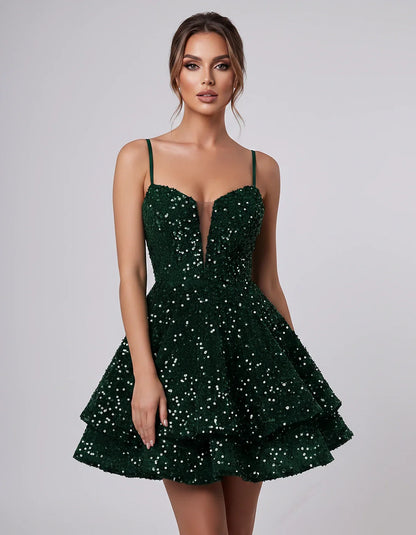 Sequin Sleeveless Sweetheart Plunge Fit-and-Flare Mini Dress for Graduation, Homecoming, Party, Cocktail, Evening, Wedding Gu | SKU: LM-384716295108437-GREEN-L,LM-384716295108437-GREEN-M,LM-384716295108437-GREEN-S,LM-384716295108437-GREEN-XL,LM-384716295108437-GREEN-XS