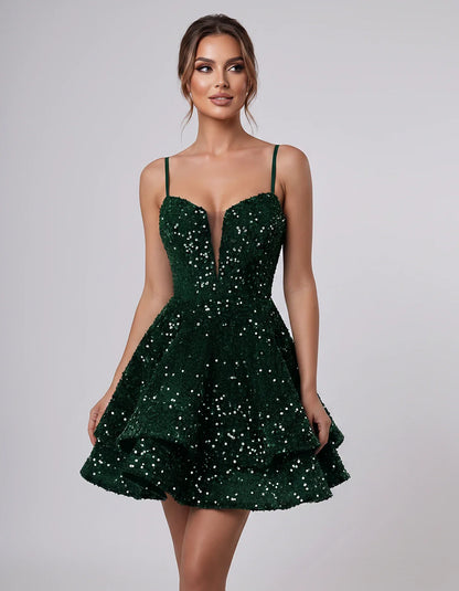 Sequin Sleeveless Sweetheart Plunge Fit-and-Flare Mini Dress for Graduation, Homecoming, Party, Cocktail, Evening, Wedding Gu | SKU: LM-384716295108437-GREEN-L,LM-384716295108437-GREEN-M,LM-384716295108437-GREEN-S,LM-384716295108437-GREEN-XL,LM-384716295108437-GREEN-XS