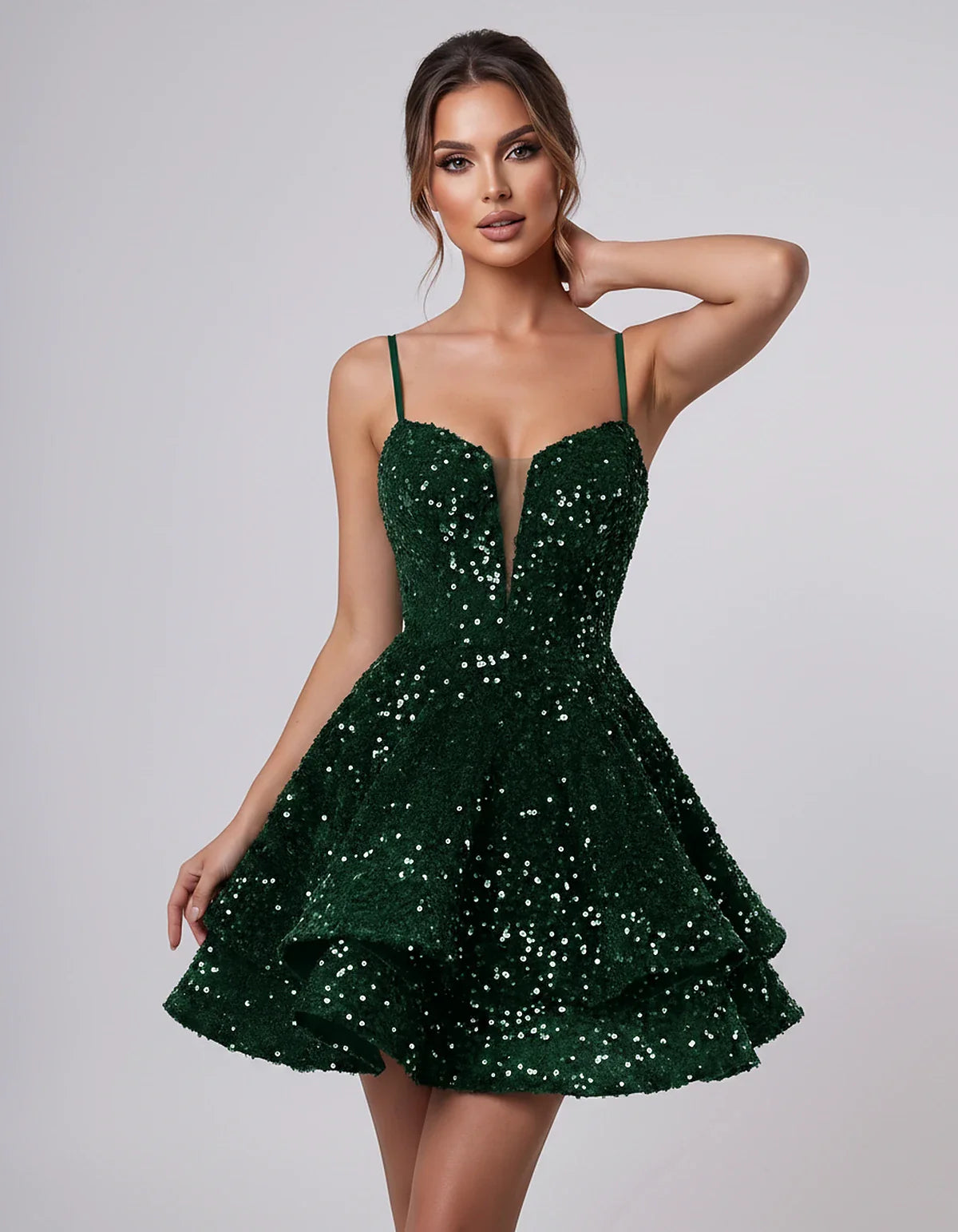 Sequin Sleeveless Sweetheart Plunge Fit-and-Flare Mini Dress for Graduation, Homecoming, Party, Cocktail, Evening, Wedding Gu | SKU: LM-384716295108437-EMERALD-L,LM-384716295108437-EMERALD-M,LM-384716295108437-EMERALD-S,LM-384716295108437-EMERALD-XL,LM-384716295108437-EMERALD-XS