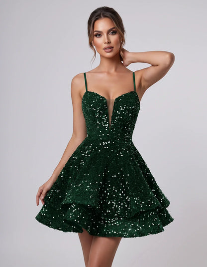 Sequin Sleeveless Sweetheart Plunge Fit-and-Flare Mini Dress for Graduation, Homecoming, Party, Cocktail, Evening, Wedding Gu | SKU: LM-384716295108437-EMERALD-L,LM-384716295108437-EMERALD-M,LM-384716295108437-EMERALD-S,LM-384716295108437-EMERALD-XL,LM-384716295108437-EMERALD-XS