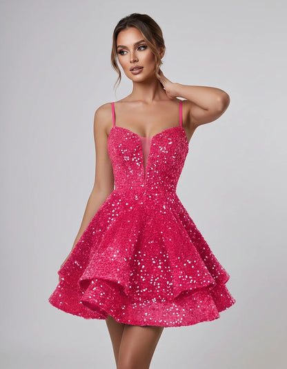 Sequin Sleeveless Sweetheart Plunge Fit-and-Flare Mini Dress for Graduation, Homecoming, Party, Cocktail, Evening, Wedding Gu | SKU: LM-384716295108437-HOTPINK-L,LM-384716295108437-HOTPINK-M,LM-384716295108437-HOTPINK-S,LM-384716295108437-HOTPINK-XL,LM-384716295108437-HOTPINK-XS