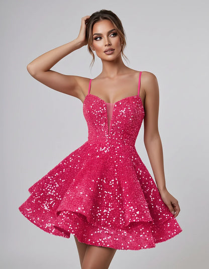 Sequin Sleeveless Sweetheart Plunge Fit-and-Flare Mini Dress for Graduation, Homecoming, Party, Cocktail, Evening, Wedding Gu | SKU: LM-384716295108437-HOTPINK-L,LM-384716295108437-HOTPINK-M,LM-384716295108437-HOTPINK-S,LM-384716295108437-HOTPINK-XL,LM-384716295108437-HOTPINK-XS