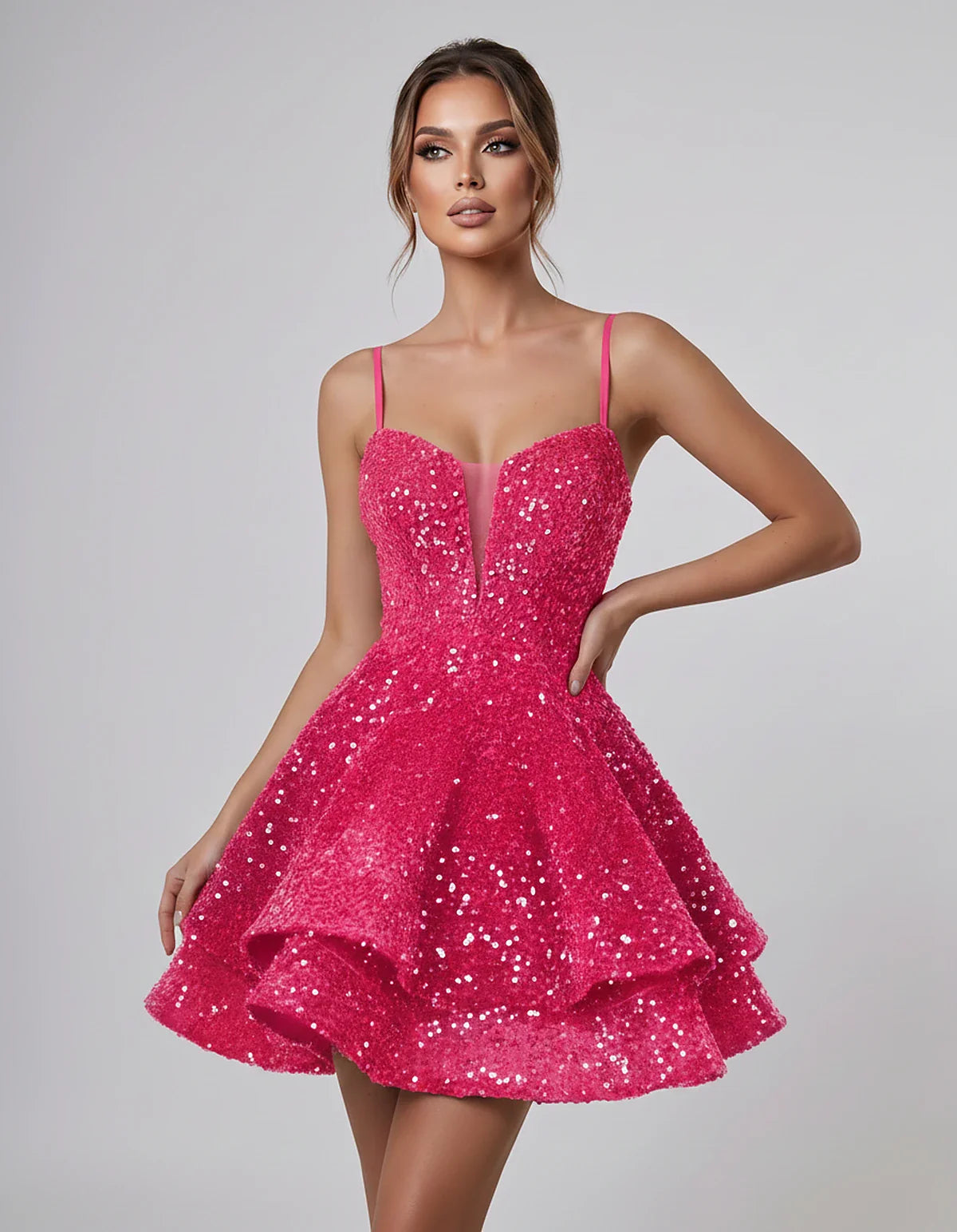 Sequin Sleeveless Sweetheart Plunge Fit-and-Flare Mini Dress for Graduation, Homecoming, Party, Cocktail, Evening, Wedding Gu | SKU: LM-384716295108437-HOTPINK-L,LM-384716295108437-HOTPINK-M,LM-384716295108437-HOTPINK-S,LM-384716295108437-HOTPINK-XL,LM-384716295108437-HOTPINK-XS