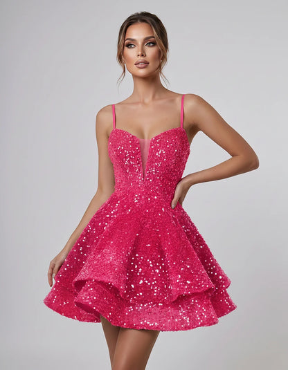 Sequin Sleeveless Sweetheart Plunge Fit-and-Flare Mini Dress for Graduation, Homecoming, Party, Cocktail, Evening, Wedding Gu | SKU: LM-384716295108437-HOTPINK-L,LM-384716295108437-HOTPINK-M,LM-384716295108437-HOTPINK-S,LM-384716295108437-HOTPINK-XL,LM-384716295108437-HOTPINK-XS