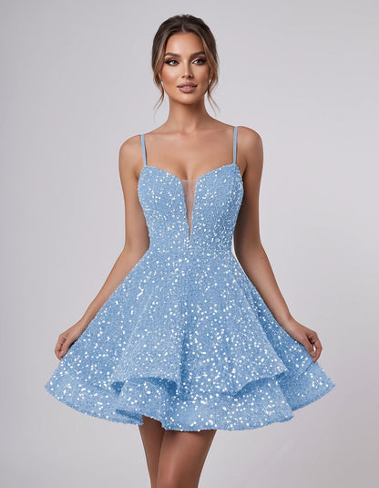 Sequin Sleeveless Sweetheart Plunge Fit-and-Flare Mini Dress for Graduation, Homecoming, Party, Cocktail, Evening, Wedding Gu | SKU: LM-384716295108437-LIGHTBLUE-L,LM-384716295108437-LIGHTBLUE-M,LM-384716295108437-LIGHTBLUE-S,LM-384716295108437-LIGHTBLUE-XL,LM-384716295108437-LIGHTBLUE-XS