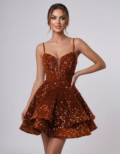 Sequin Sleeveless Sweetheart Plunge Fit-and-Flare Mini Dress for Graduation, Homecoming, Party, Cocktail, Evening, Wedding Gu | SKU: LM-384716295108437-ORANGE-L,LM-384716295108437-ORANGE-M,LM-384716295108437-ORANGE-S,LM-384716295108437-ORANGE-XL,LM-384716295108437-ORANGE-XS