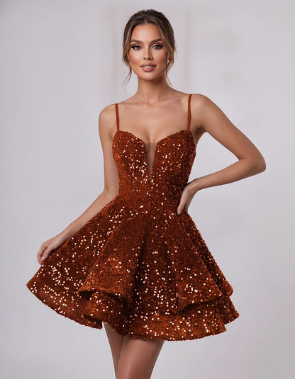 Sequin Sleeveless Sweetheart Plunge Fit-and-Flare Mini Dress for Graduation, Homecoming, Party, Cocktail, Evening, Wedding Gu | SKU: LM-384716295108437-ORANGE-L,LM-384716295108437-ORANGE-M,LM-384716295108437-ORANGE-S,LM-384716295108437-ORANGE-XL,LM-384716295108437-ORANGE-XS