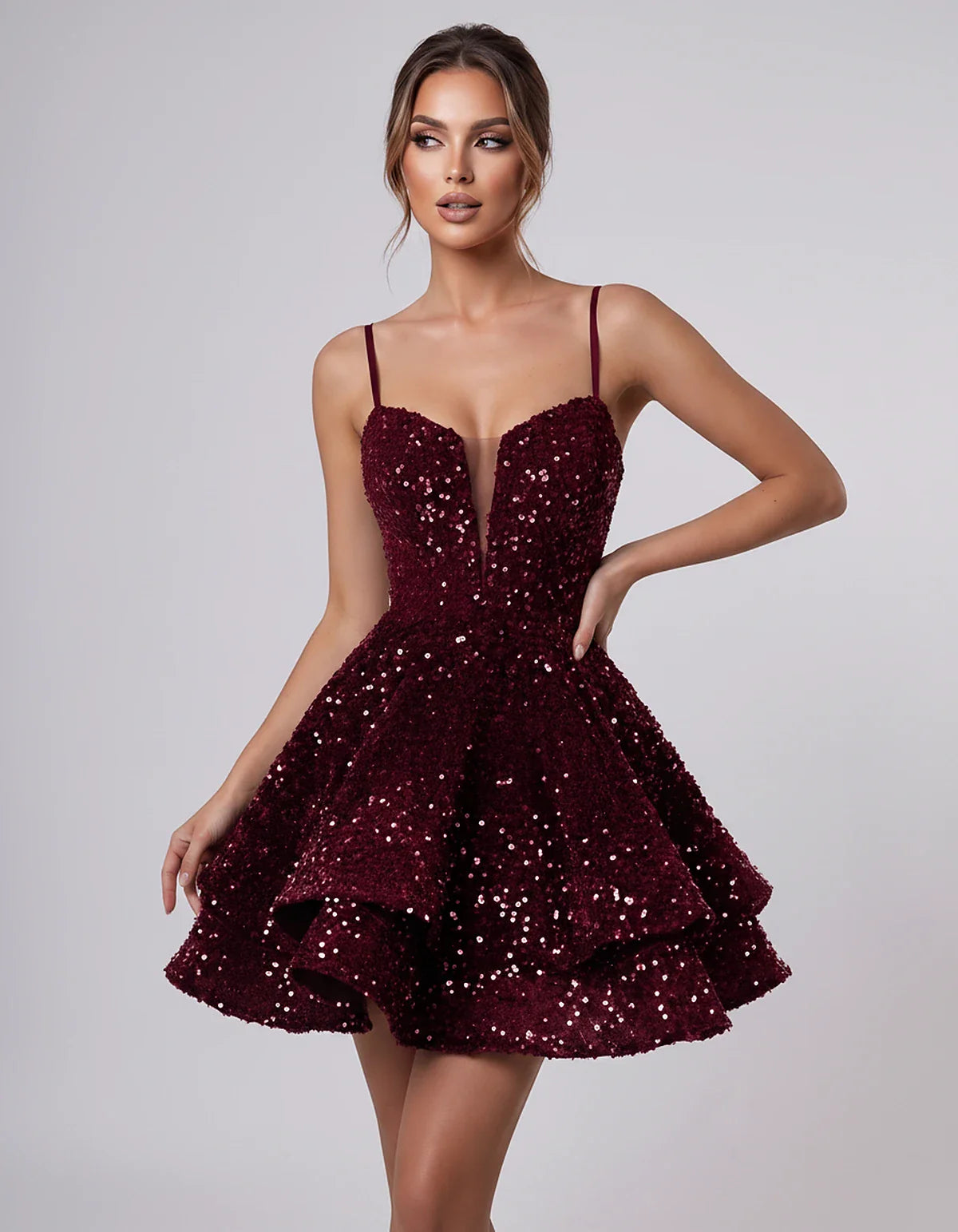 Sequin Sleeveless Sweetheart Plunge Fit-and-Flare Mini Dress for Graduation, Homecoming, Party, Cocktail, Evening, Wedding Gu | SKU: LM-384716295108437-BURGUNDY-L,LM-384716295108437-BURGUNDY-M,LM-384716295108437-BURGUNDY-S,LM-384716295108437-BURGUNDY-XL,LM-384716295108437-BURGUNDY-XS