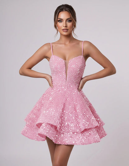 Sequin Sleeveless Sweetheart Plunge Fit-and-Flare Mini Dress for Graduation, Homecoming, Party, Cocktail, Evening, Wedding Gu | SKU: LM-384716295108437-PINK-L,LM-384716295108437-PINK-M,LM-384716295108437-PINK-S,LM-384716295108437-PINK-XL,LM-384716295108437-PINK-XS