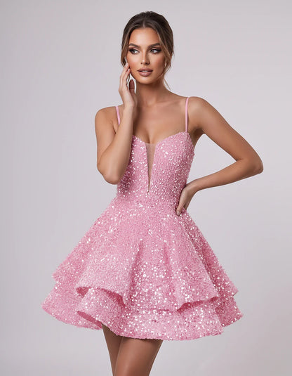 Sequin Sleeveless Sweetheart Plunge Fit-and-Flare Mini Dress for Graduation, Homecoming, Party, Cocktail, Evening, Wedding Gu | SKU: LM-384716295108437-PINK-L,LM-384716295108437-PINK-M,LM-384716295108437-PINK-S,LM-384716295108437-PINK-XL,LM-384716295108437-PINK-XS