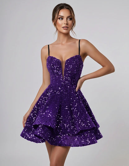 Sequin Sleeveless Sweetheart Plunge Fit-and-Flare Mini Dress for Graduation, Homecoming, Party, Cocktail, Evening, Wedding Gu | SKU: LM-384716295108437-PURPLE-L,LM-384716295108437-PURPLE-M,LM-384716295108437-PURPLE-S,LM-384716295108437-PURPLE-XL,LM-384716295108437-PURPLE-XS