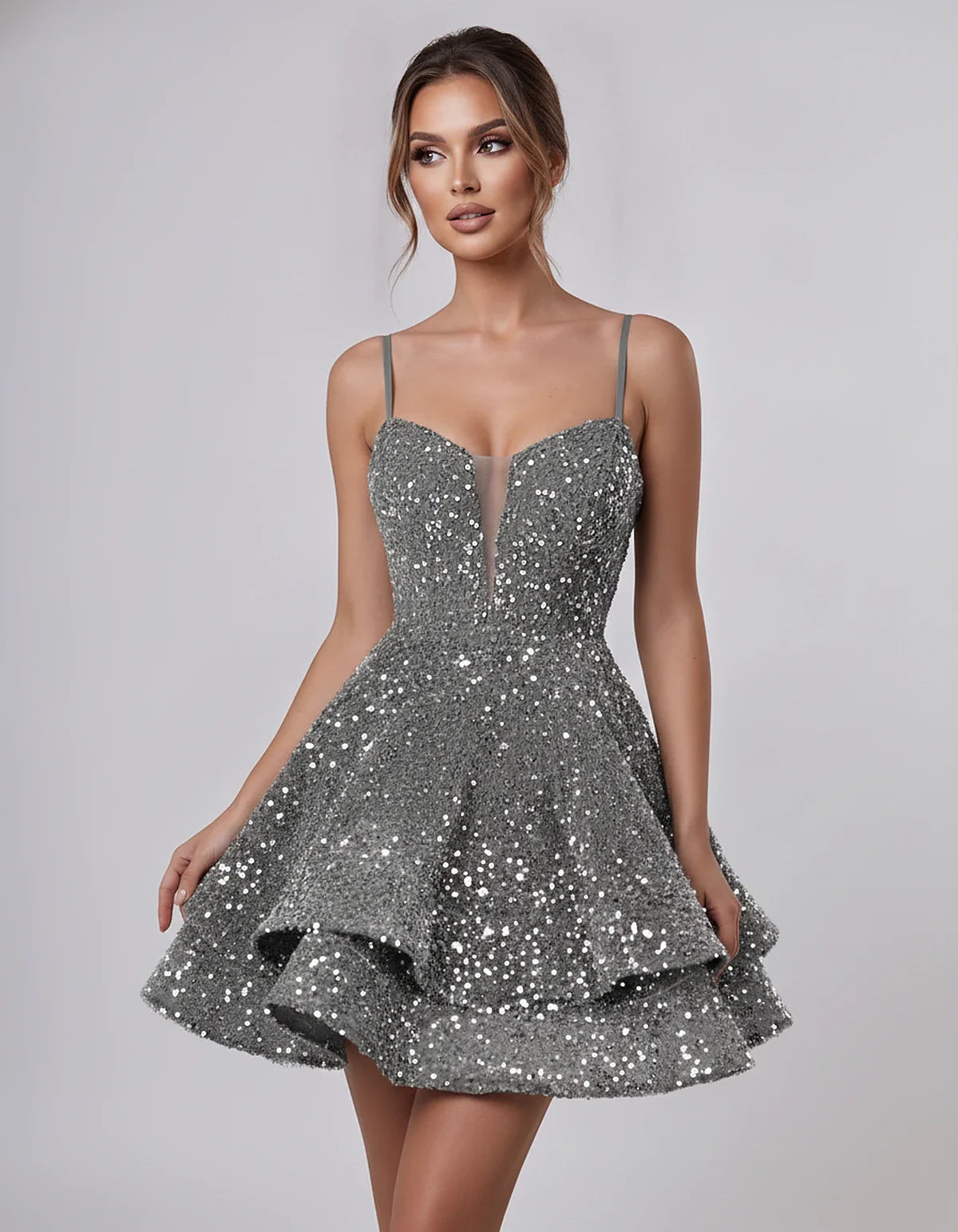 Sequin Sleeveless Sweetheart Plunge Fit-and-Flare Mini Dress for Graduation, Homecoming, Party, Cocktail, Evening, Wedding Gu | SKU: LM-384716295108437-SILVER-L,LM-384716295108437-SILVER-M,LM-384716295108437-SILVER-S,LM-384716295108437-SILVER-XL,LM-384716295108437-SILVER-XS
