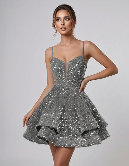 Sequin Sleeveless Sweetheart Plunge Fit-and-Flare Mini Dress for Graduation, Homecoming, Party, Cocktail, Evening, Wedding Gu | SKU: LM-384716295108437-SILVER-L,LM-384716295108437-SILVER-M,LM-384716295108437-SILVER-S,LM-384716295108437-SILVER-XL,LM-384716295108437-SILVER-XS