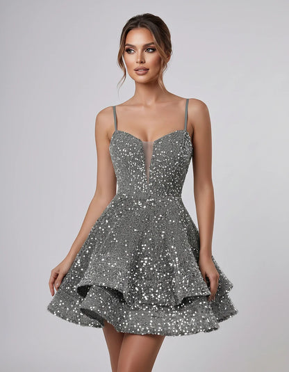 Sequin Sleeveless Sweetheart Plunge Fit-and-Flare Mini Dress for Graduation, Homecoming, Party, Cocktail, Evening, Wedding Gu | SKU: LM-384716295108437-SILVER-L,LM-384716295108437-SILVER-M,LM-384716295108437-SILVER-S,LM-384716295108437-SILVER-XL,LM-384716295108437-SILVER-XS