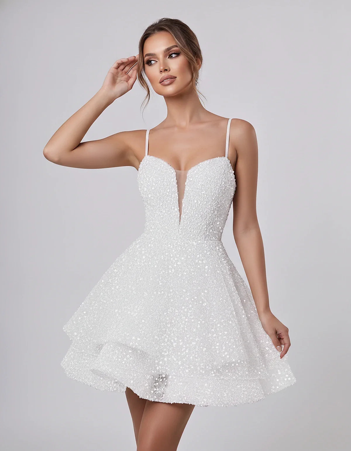 Sequin Sleeveless Sweetheart Plunge Fit-and-Flare Mini Dress for Graduation, Homecoming, Party, Cocktail, Evening, Wedding Gu | SKU: LM-384716295108437-WHITE-L,LM-384716295108437-WHITE-M,LM-384716295108437-WHITE-S,LM-384716295108437-WHITE-XL,LM-384716295108437-WHITE-XS