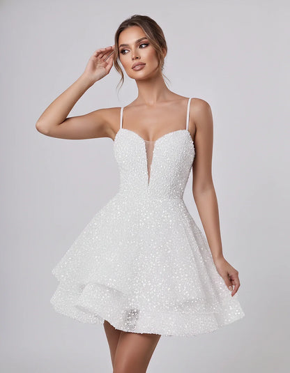 Sequin Sleeveless Sweetheart Plunge Fit-and-Flare Mini Dress for Graduation, Homecoming, Party, Cocktail, Evening, Wedding Gu | SKU: LM-384716295108437-WHITE-L,LM-384716295108437-WHITE-M,LM-384716295108437-WHITE-S,LM-384716295108437-WHITE-XL,LM-384716295108437-WHITE-XS