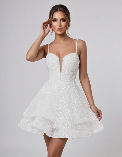 Sequin Sleeveless Sweetheart Plunge Fit-and-Flare Mini Dress for Graduation, Homecoming, Party, Cocktail, Evening, Wedding Gu | SKU: LM-384716295108437-WHITE-L,LM-384716295108437-WHITE-M,LM-384716295108437-WHITE-S,LM-384716295108437-WHITE-XL,LM-384716295108437-WHITE-XS