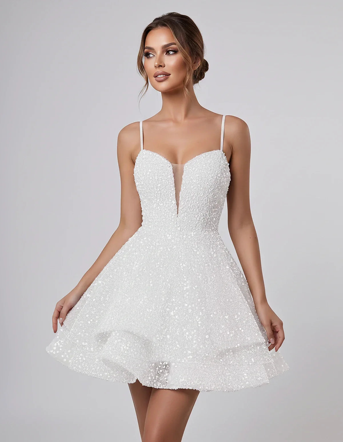 Sequin Sleeveless Sweetheart Plunge Fit-and-Flare Mini Dress for Graduation, Homecoming, Party, Cocktail, Evening, Wedding Gu | SKU: LM-384716295108437-WHITE-L,LM-384716295108437-WHITE-M,LM-384716295108437-WHITE-S,LM-384716295108437-WHITE-XL,LM-384716295108437-WHITE-XS